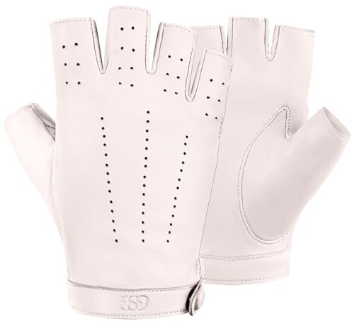 GSG SINCE 1998 Lederhandschuhe Damen Halbfinger – Fingerlose Fahrhandschuhe aus Schafsleder, atmungsaktiv und leicht, mit Druckknopf Weiß XL