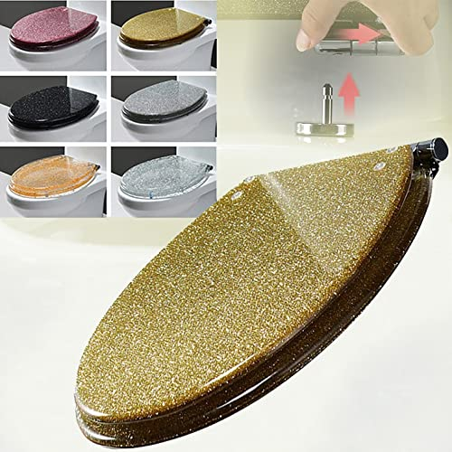 MANY Glitter Schwarz Toilettensitz Universal Softclose WC-Sitz Klobrille Mit Absenkautomatik Toilettendeckel Klodeckel Harz Mit Qualitätsscharnier(Gold Starlight)