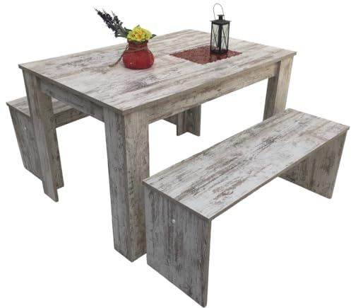 Möbel SD Esstischgruppe Bänke 3er Set 110x70cm Canyon White Pine Made in Germany