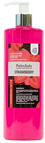 Palm Safe Strawberry 500ml Anti Bacterial Premium Hand Sanitiser Pump Bottle Quick Drying Non Sticky Extra Moisturising Kills 99.9% of Viruses and Bacteria