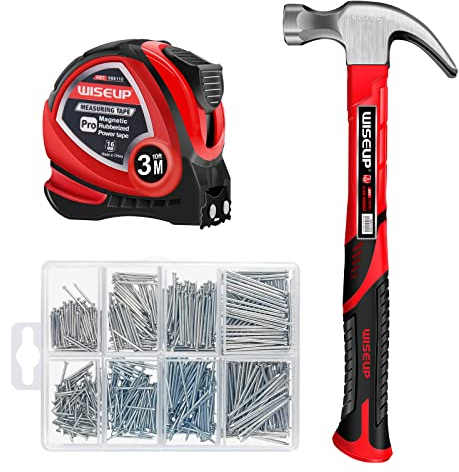WISEUP Industrial Hammer Set with 560 Nails and Tape Measure, Claw Hammer with Fibreglass, Utility Hand Tools Set