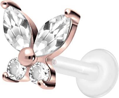 PIERCINGLINE PTFE Labret mit Gewinde Titan Aufsatz KRISTALLSCHMETTERLING Piercing Lippe Nase Ohr Helix Tragus Medusa Roségoldfarben 1,2 x 9 mm