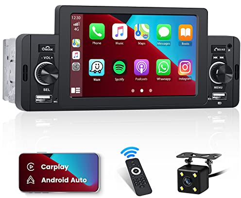 Hikity 1 Din Autoradio Carplay Android Auto, 5 Pollici Schermo Touchscreen Radio Bluetooth Stereo con FM USB Telecamera Retrocamera Telecomando Microfono