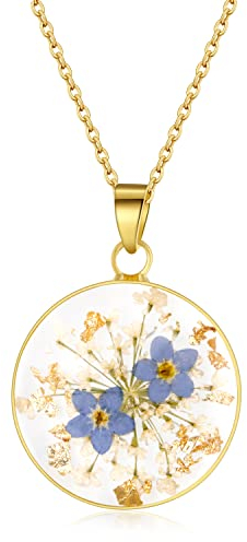Forget-Me-Not and Queen Anne's Lace Pressed Wildflower Necklace | Gold Pressed Flower Necklace | Personalized Handmade Necklaces | Symbol of Everlasting Love and Memory | Gift for Women | 18”