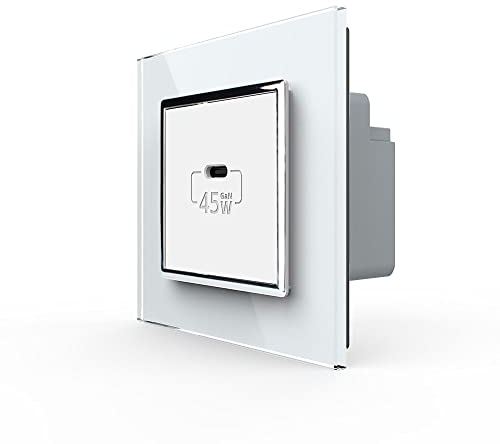 Luxus-Time LIVOLO 1 faches USB-C Schnellladegerät 45W USB Einbau Wanddose Steckdose UP Unterputzdose VL-FCUC-2WP-SR-11 mit Glasrahmen in Weiß