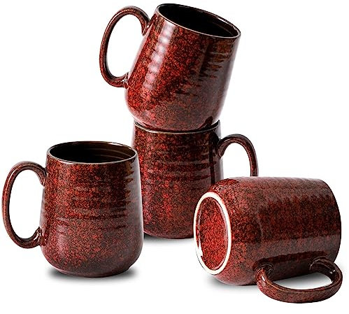 Hasense Juego de 4 tazas de café rojas de cerámica de 12 onzas, taza de café con asa grande para café, té, leche y chocolate, fácil de sostener y limpiar, aptas para lavavajillas y microondas