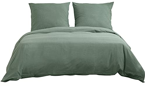 ATsense Bettwäsche 135x200 Baumwolle 2teilig, Stonewashed Bettwäsche-Sets Grün Ähnlich wie Leinen, Oeko-TEX, Hypoallergen und Atmungsaktiv, 1 Bettbezug und 1 Kissenbezug 80x80