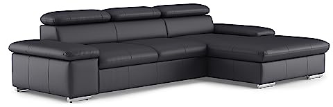 CAVADORE Leder-Schlafsofa Valerie mit XL-Longchair / Eckcouch mit Schlaffunktion, Kopfteilverstellung + großem Longchair / 286 x 73 x 174 / Echtleder Schwarz