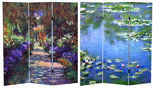 Red Lantern Double Sided Works of Monet Canvas Folding Screen - Lilies/Garden at Giverny, 4 ft. Short