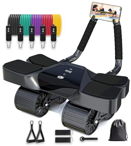 Ab Roller Home Gym Equipment – 4 Wheels Ab Wheel Muscle Roller, 5Pcs Resistance Bands, Ankle Straps, Door Anchor, Handles, Travel Bag– Comfortable Elbow Support with Non-Slip Handles