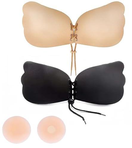 24Ersi Klebe BH Push Up 2 Stück，Klebe BH mit 2 Wiederverwendbare Nippelpads，Klebe BH Große Brust & Kleine Brüste A-F Cup，Push Up Klebe BH,Trägerloser BH Push Up für Alle Rückenfreie Kleidung