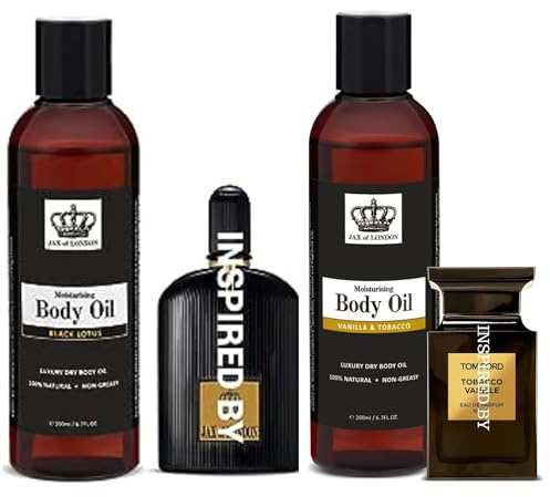 Jax of London Perfume Inspired Body Oil Set 2 x 200ml – Vanilla & Tobacco & Black Lotus Inspired by Black Orchid – Unisex – 100% Natural Ingredients – Organic Oil for Body, Hair & Massage – Made in UK