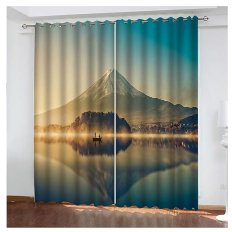 Skcess Gardinen Blickdicht, Schiebegardinen Grau Bergsee und Boot Vorhang Polyester Gardinen 2er Set 137x115cm(WxH)