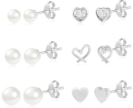 4/6Paar Mehrere Silber 925 Ohrringe Ohrstecker Kleine Set für Damen Mädchen | Silber 925 Ohrstecker Set Kleine Schläfer Knorpel Ohrringe Ohrsteck mit Zirkon Stein Blumen Herz Perlen Stern Mond Ohrsteck