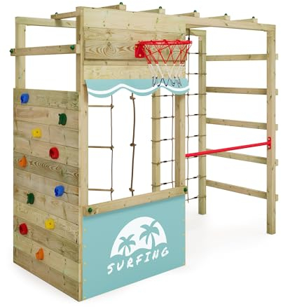 Wickey Klettergerüst Outdoor Spielturm Smart Action mit pastellgrüner Plane, Spielgerät mit Kletterwand, Basketballkorb & Spiel-Zubehör für Kinder im Garten aus Holz