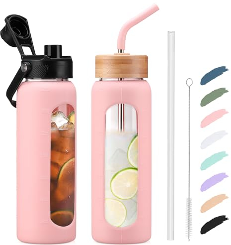 Kodrine 24oz Glass Water Bottle with Straw and 2 Lids-Bamboo Straw and Spout Lid with Carry Handle, Borosilicate Glass Drinking Bottle with Silicone Sleeve and Time Marker For Sports Travel, Pink