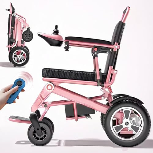 Bueuwe Rosa Rollstuhl Elektrisch Faltbar Leicht(23KG), 13 Kilometer Fahrstrecke Leicht Faltbar Elektrisches Rollstuhl, Elektrischer Rollstuhl aus Aluminium fur alle Gelände, Leicht zu transportieren