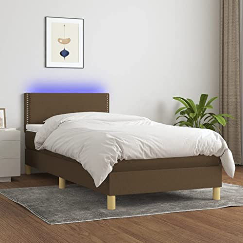 ULUYYUC Boxspringbett, Palettenbett Bodenbett Bettgestell Jugendbett Geeignet für Zimmer Mieten Wohnzimmer Wohnbereich Schlafzimmer mit Matratze & LED Dunkelbraun 90x200 cm Stoff