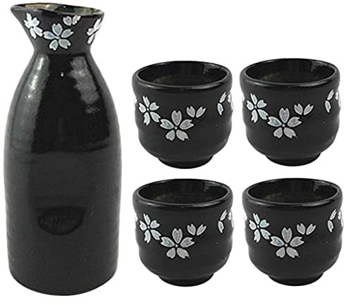 QXSJEDYCH ese Sake-Set, 5-teilig, langlebig, Keramik, Sake-Set mit 1 Sake und 4 Sake-Bechern for heißen oder kalten Sake zu Hause oder im Restaurant, Schwarz Tassen (Color : Black, Size : Q)