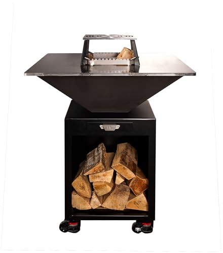 Feuerplattengrill FyrR Classic Storage Black 85 mit integriertem Holzlager, Metall, 96 x 85 x 85 cm, quadratische Feuerplatte für erweiterte Niedert, Aschenschublade, pulverbeschichtetes Untergestell