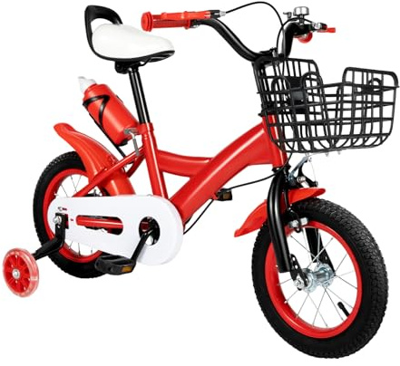 Levkitch Kinderfahrrad 12 Zoll Cityräder Für 2.62-3.11ft Höhe Jungen & Mädchen Kinderrad mit Stützräder Aufbewahrungskorb Kettenschutz rutschfeste und Verschleißfeste Reifen(Rot)