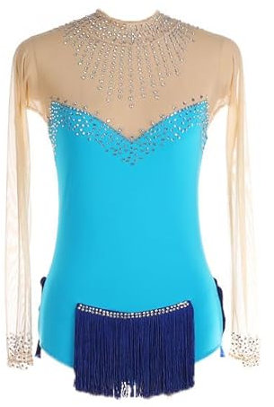 YDHTIZ Eiskunstlauf Trainingskleidung Für Mädchen Mit Quasten Eislauf Übungen Kostüm Für Damen Lange Ärmel Rollschuhkleid Outdoor Gymnastik Trikot Aktive Kleidung,Blau,XL