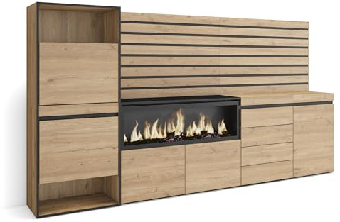 Skraut Home | Schuhregal, Schuhschrank | Schuhaufbewahrung | 274x145x35 cm | Für Schlafzimmer, Zimmer | Elektrokamin XXL | Kommode mit Schubladen | Lamellenwand Holz | Moderner Stil | Eiche