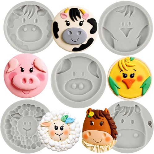 MYPRACS Lot de 5 moules en silicone pour décoration de gâteaux en forme d'animal - Vache - Mouton - Cochon mignon - Poule - Poney - Pour décoration de gâteaux en sucre - Cupcake - Pâte à gomme - Pâte