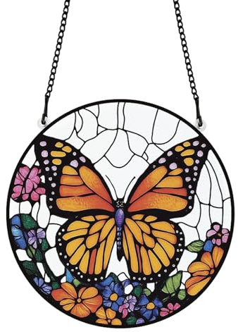 PLIGREAT Schwarze Kunst Schmetterlinge fleckig Sonnenfänger Fenster Wandbehänge Ornament Aquarell Blumen bemalt Acrylglas Platte Kunsthandwerk für Garten Zuhause hängende Dekoration