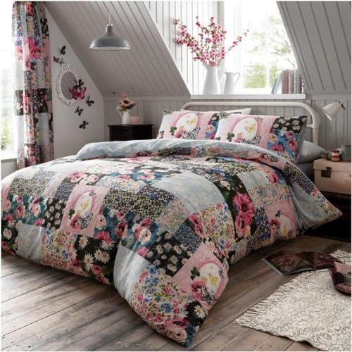 Lions Double Duvet Cover Set - 3 Pcs Poly Cotton Floral Bedding with Matching Pillowcase, Soft Reversible Patchwork Printed Quilt Covers, Multicolor 200x200cm