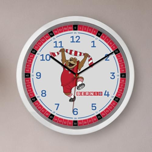 K&L Wall Art FC Bayern München Wanduhr Berni Wanddeko FCB Maskottchen Fußball Kinderzimmer Uhr ohne Ticken 30 cm