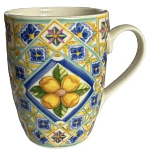 GMM Tazza con Manico in Ceramica Decorata, Tazze Assortite Colori e Motivi Floreali, Capacità 320 ml (Bianco fiore giallo)