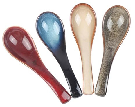 OKUMEYR Cucharas De Cerámica Para Sopa y Gachas, Diseño Curvo, 4 Unidades (almendra Blanca, Azul Ojo De Gato, Rojo Esmaltado, Gris Marrón), Hogar y Restaurante