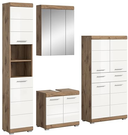 xonox.home - Badkombination Wave 204x191x34 cm in Nox Eiche und weiß hochglanz - Badezimmerkombination Badset Badmöbel - robust und langlebig funktional