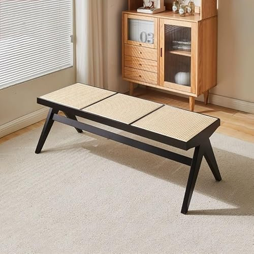 Essbank aus Holz mit Rattan-Sitz, rückenfrei, Bank für Esszimmer, Eingangsbereich, Garten, Bettbank für Wohnzimmer, Schlafzimmer, Flur, schwarz, 128 x 45 x 45 cm