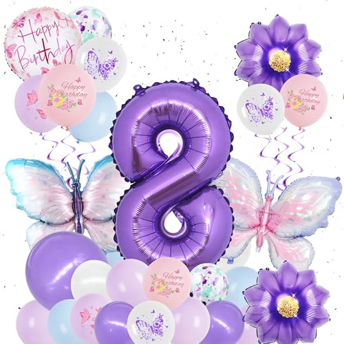 Schmetterling Deko 8. Geburtstag Mädchen, 31 Stück Lila Luftballons Set | Lila Geburtstagsdeko Ballons für Kinder, schmetterling Folienballons, große Zahlenballons