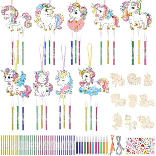 CIYIN 9 Stück Windspiel Bastelset Kinder, Einhorn Windspiele Bastelset Kinder, Klangspiele Set aus Holz, DIY Windspiel zum Bemalen für Mädchen Jungen für Deco Hängend