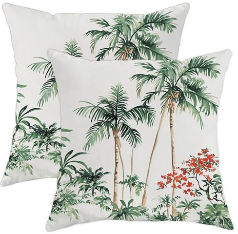 Juego de 2 fundas de almohada tropicales, fundas de almohada de hoja de palma verde botánico, fundas de cojín cuadradas decorativas de verano para el hogar, sofá, cama, sofá, 18 x 18 pulgadas