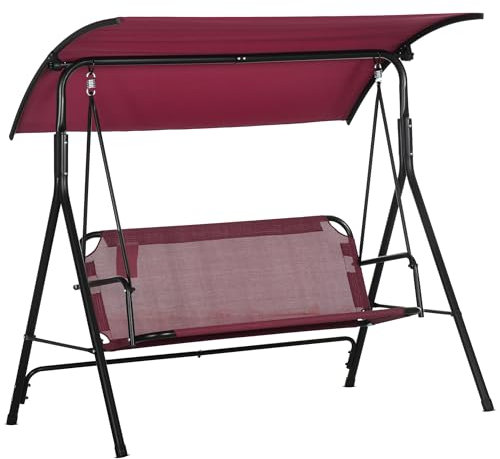 Outsunny Dondolo da Giardino 3 Posti con Tettuccio Parasole Regolabile, Dondolo da Esterno con Seduta Traspirante in Texteline e Metallo, Portata Fino a 240 kg, 172x110x153 cm, Rosso Vino
