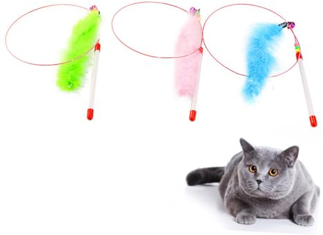 ibasenice 3pièces Plumeau pour Chat Jouet Interactif Fil Acier Et Poignée Plastique Antidérapante avec Plumes Colorées Accessoires pour Chat