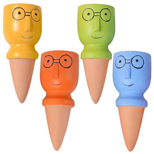 Kronabelle 4 picos de terracota de riego automático para plantas, forma divertida de gafas de cabeza grande, picos coloridos de riego por goteo, ideales para uso en vacaciones y al aire libre