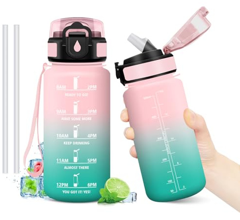 500 ml flaska, läckagesäker, återanvändbar flaska, flaskor med sugrör och tidsmarkörer, BPA-fri, motiverande vattenflaska för barn, skola, kontor, yoga