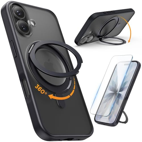 SURPHY för iPhone 17 Magnetiskt Fodral 6,3 med 360° stativ, tunt stöttåligt mobilfodral iPhone 17-fodral med förhöjd kantskydd, Stativ svart