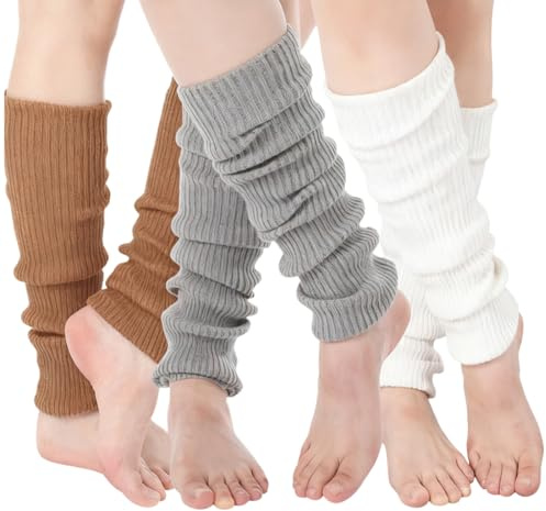EJRUP 3 paia di scaldamuscoli lavorati a maglia, anni '80, per donne e ragazze, scaldamuscoli a costine, calziniunghi per balletto, danza, uso quotidiano Grigio/Bianco/Marrone