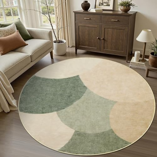 Zhaotingrui Runder Teppich 80cm Grün Beige Modern, Halbkreis Design Flauschig Kurzflor, Antirutsch Wohnzimmer Bettvorleger Waschbar Kuschel Weich