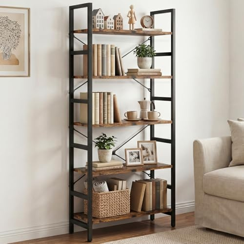 MAXLEAD 5 Tier Industrial Bookshelf, Heavy Duty Storage Shelves, Rustic Wood Look Shelving Unit for Living Room, Bedroom, Kitchen, Office
