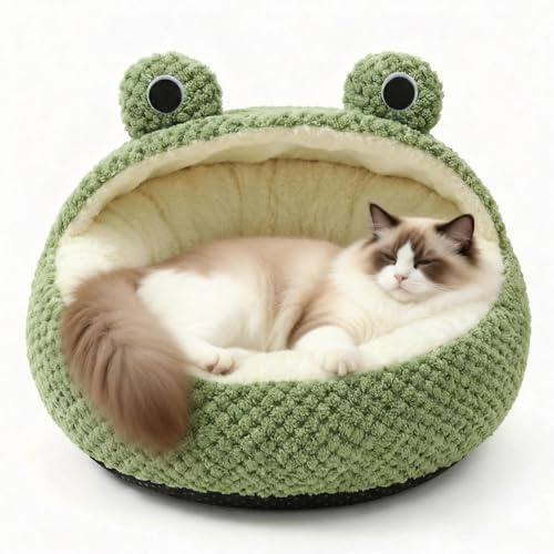 GYHWOFUL Froschform Katzenhöhle 40 cm – Kuschelhöhle Katze für den Winter, Warmes & Waschbares Katzenbett mit Rutschfestem Boden, Süßes Katzenkörbchen für Katzen bis 7.5 kg