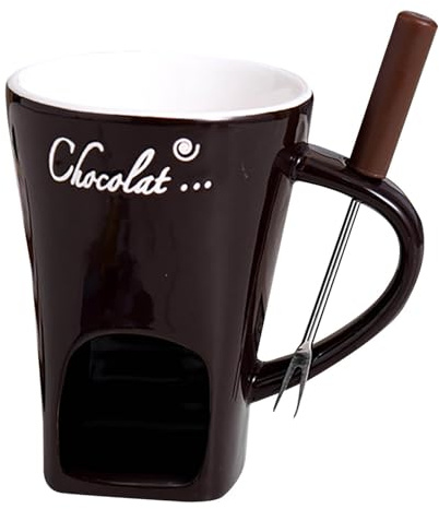 Ceramic Fondue Pot Set with Fork - 200ml Chocolate Melting Mug, Butter & Cheese Warmer, Personal Fondue Cup with Tea Light Candle Holder for Chocolate, Cheese, Candy - Ideal Gift (Black)