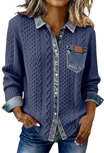 Camisas con botones para mujer, de negocios, casual, cuello de solapa, estampado texturizado, blusa de mezclilla con retazos, casual, ligera, chaqueta de mezclilla vintage con costuras de bloque de