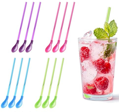 12 cannucce cucchiaio,cannucce 2 in 1 cucchiaio,cannucce riutilizzabili in plastica mi,cannucce cucchiaio per latte milkshakes cocktail